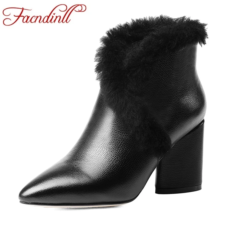 

FACNDINLL 2018 women ankle boots elegant warm winter boots genuine leather ladies shoes woman high heels dress party shoes boots