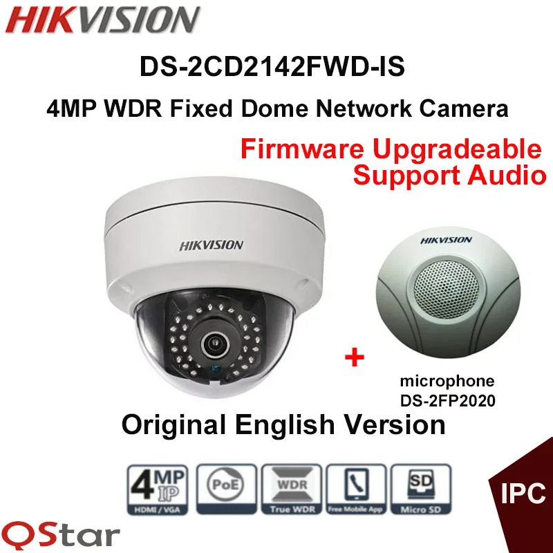 Hikvision Original English IP CCTV Camera DS 2CD2142FWD IS 4MP Fixed Dome IP Camera POE Audio