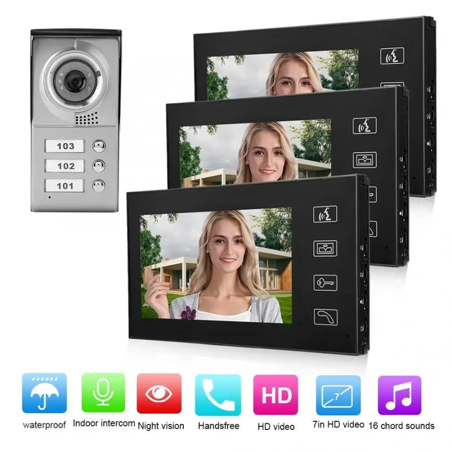 

3 Apartment 7in Wired Video Intercom Door Phone Doorbell System Monitors IR Camera