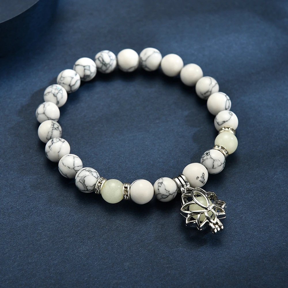 Светящийся в темноте луна цветок лотоса в форме шарма браслет для женщин молитва йоги ювелирные изделия в стиле буддизма с натуральными камнями