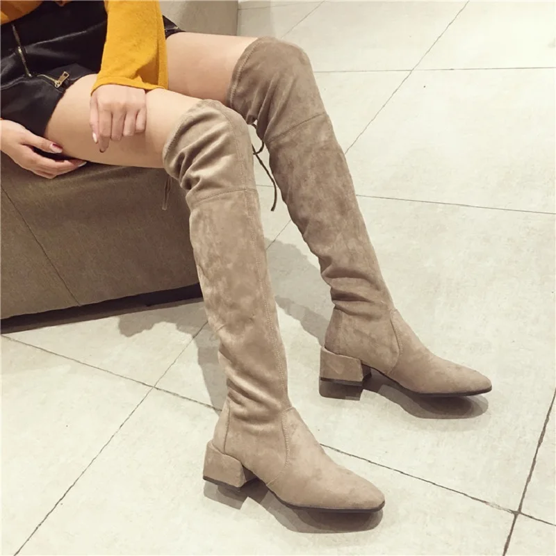 

2019 European and American net red new elastic knee high boots with thick and wild women's boots brwon 0104