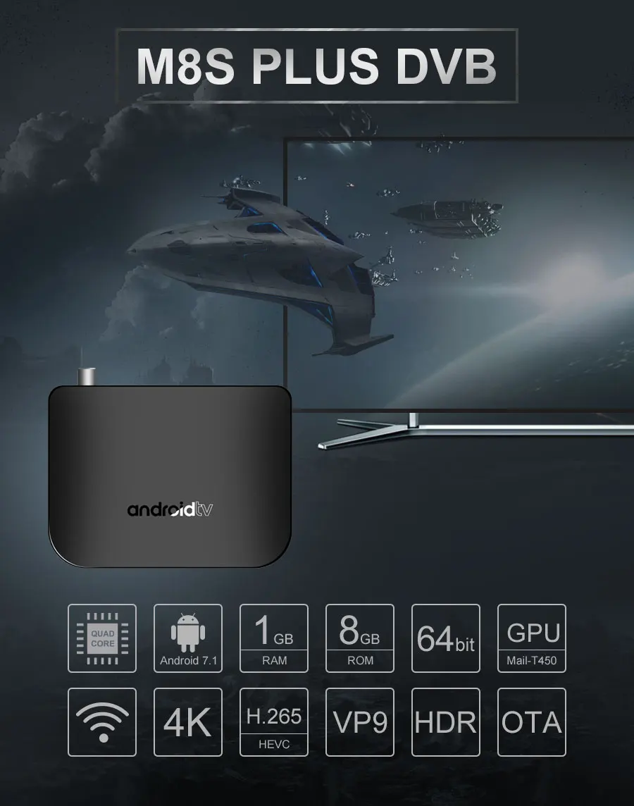 M8S PLUS DVB Smart 4K Android 7,1 ТВ приставка DVB-T2/T DVB-S2X/S2/S наземный комбо Amlogic S905D четырехъядерный 1 ГБ 8 ГБ 1080p