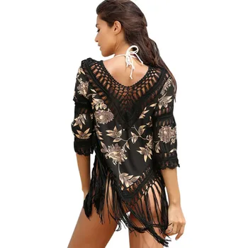 

Summer Sexy Women V-neck Short sleeve Hollow loose fringe hook cover smock handed braid floral cotton covers