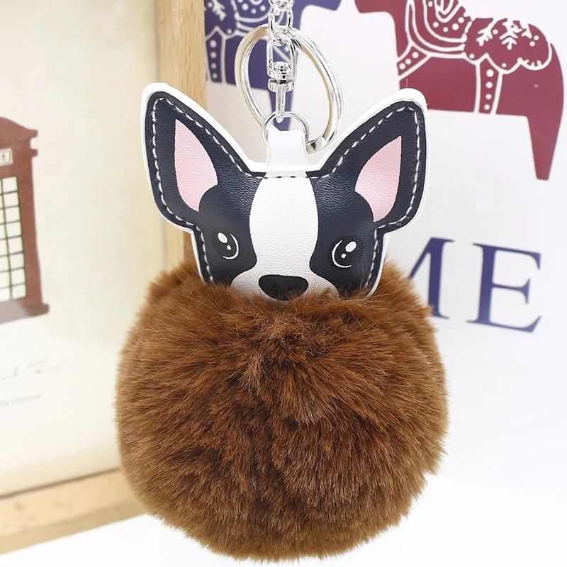 

French Bulldog Keychain Fluffy Rabbit Fur Ball Pompom Key Chain Pu Leather Animal Dog Keyring Holder Bag Charm Trinket Chaveiros