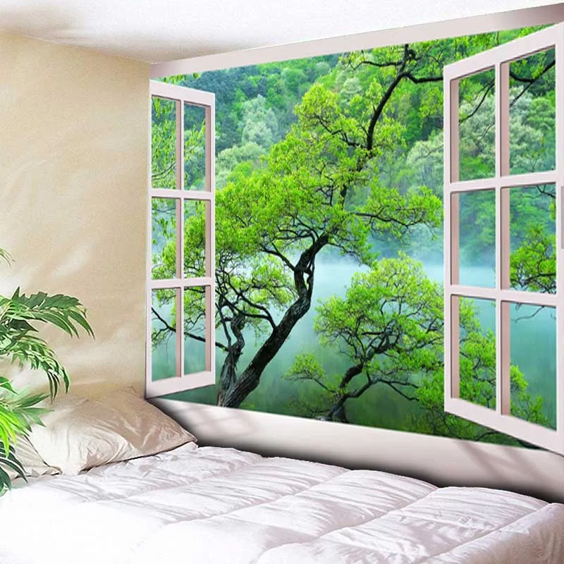 3d деревья Европейский пейзаж на полиэстер медитация искусство растение для украшения стен пляжный коврик 130x150 см гобелен - Цвет: Светло-зеленый