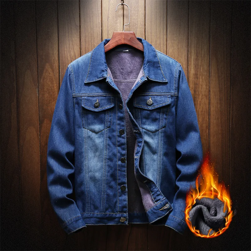 

Streetwear Men's Jacket Plus Velvet Thicken Large Size Denim Jacket Men's Jacket Lapel Slim Fit Jacket