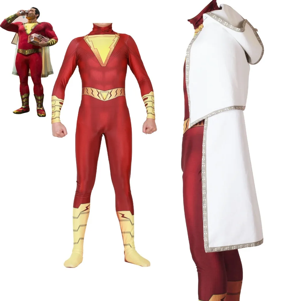 Adult kids DC Comics movie Golden Shazam superhero cosplay bodysuit suit jumpsuit costume Halloween