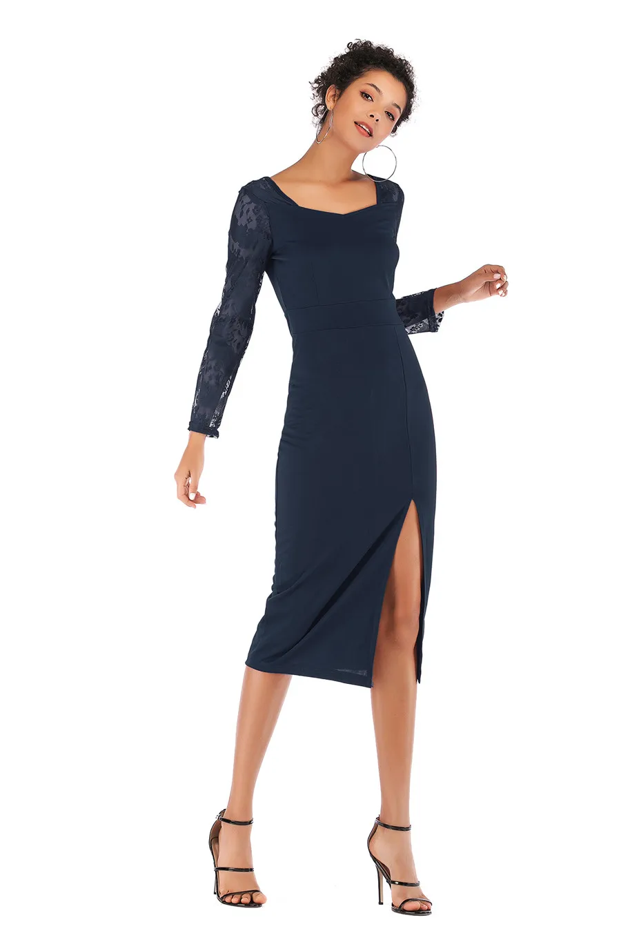 Gladiolus Sexy New Summer Dress Women 2019 Long Sleeve V Neck Slim Lace Patchwork Midi Women Office Dress Ladies Pencil Dresses (11)