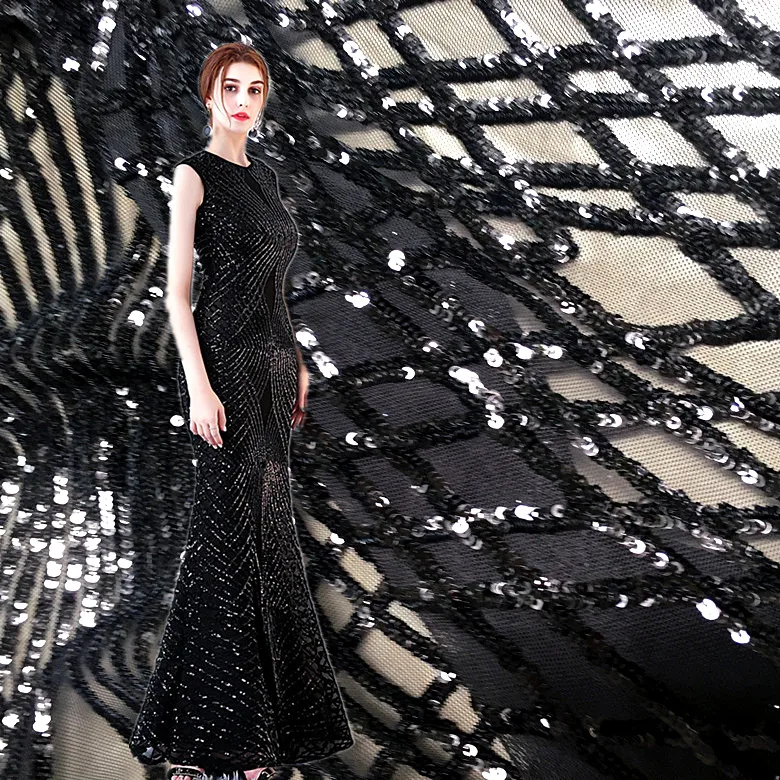 

Black Elastic Sequins Fabric Mesh Fabric For Dresses Clothes