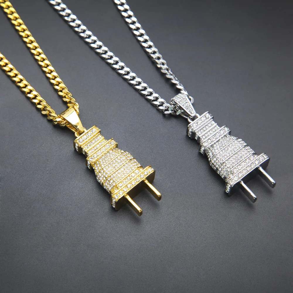 

2 Colors Hip Hop Bling Iced Out Jewelry Full Crystal Plug Pendant Necklace N602
