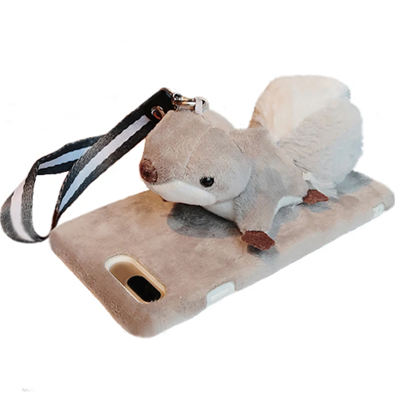 

Cute Cartoon Handmade 3D Animal Squirrel Toy Soft Plush Mobile Phone Case Cover Unique Design Rabbit Fur Soft Feel For iPhone