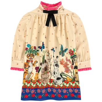 

Winter Elegant Girls Dress With Bows Long Sleeve Cartoon Animal Printing Kids Princess Dresses For Girls Birthday Party Dress