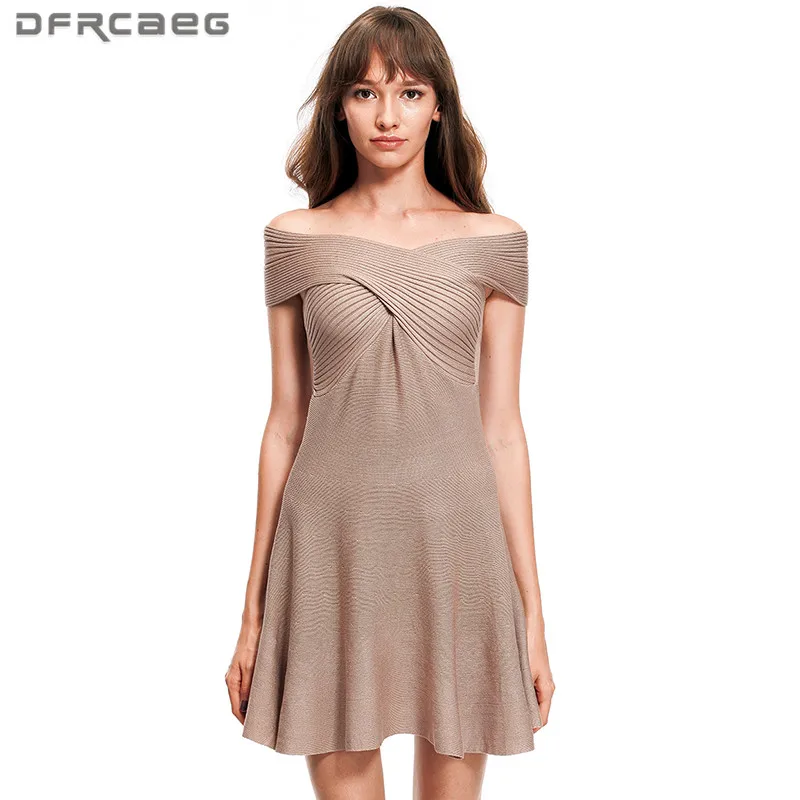 European 2018 Summer Off Shoulder Women Mini Knitted Dress Fashion Black White Vestidos Casual Sleevess Sexy
