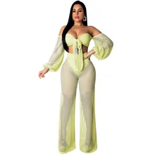 Sexy Club Two Piece Set Jumpsuit Women See Through Fish Net Mesh Party Overalls Full Sleeve Wide Leg Elegant Beach Rompers Sexy Club Two Piece Set Jumpsuit Women See Through Fish Net Mesh Party Overalls Full Sleeve Wide Leg Elegant Beach Rompers