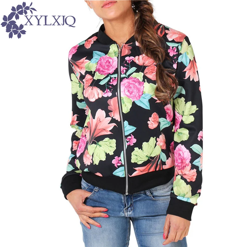 Fashion Short Thin Zippers Women Bomber Jackets Floral Printed Baseball