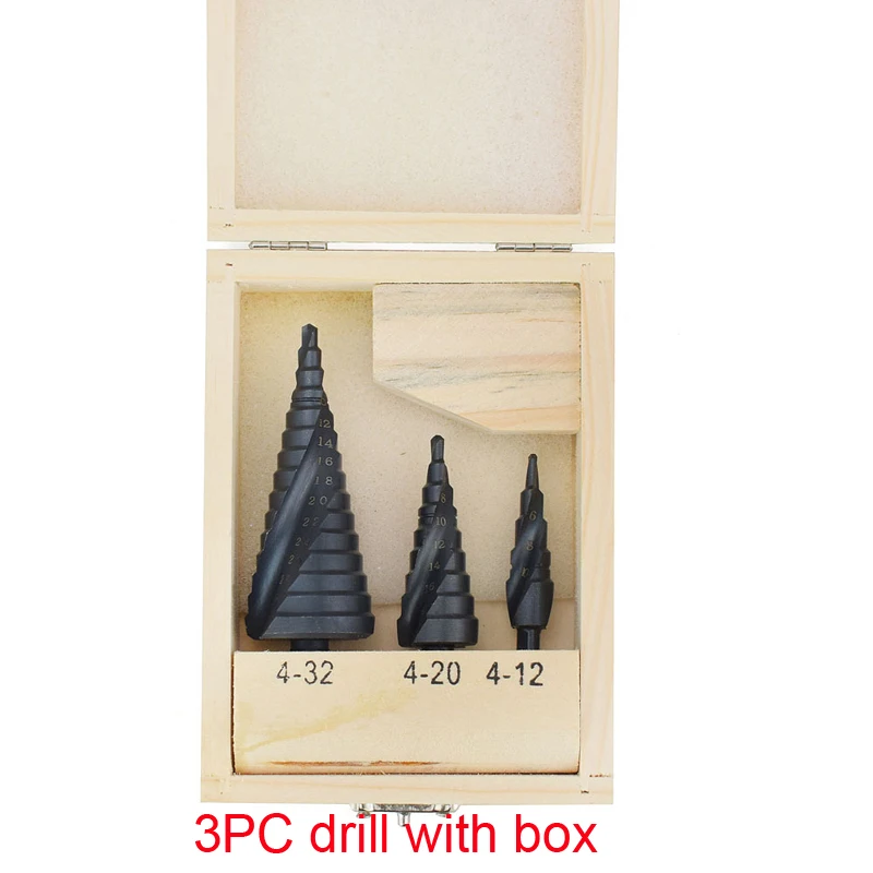 3 PCS HSS Titanium Nitride Coated Cone Spiral Step Drill Bit Set Metal Hole Cutter Power Tools kit, Metric 4-12/20/32mm