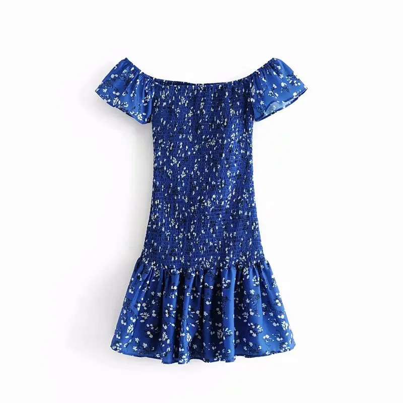

2019 women sweet floral print hem pleated ruffles mini dress female sexy off shoulder elastic vestidos chic party dress DS2291