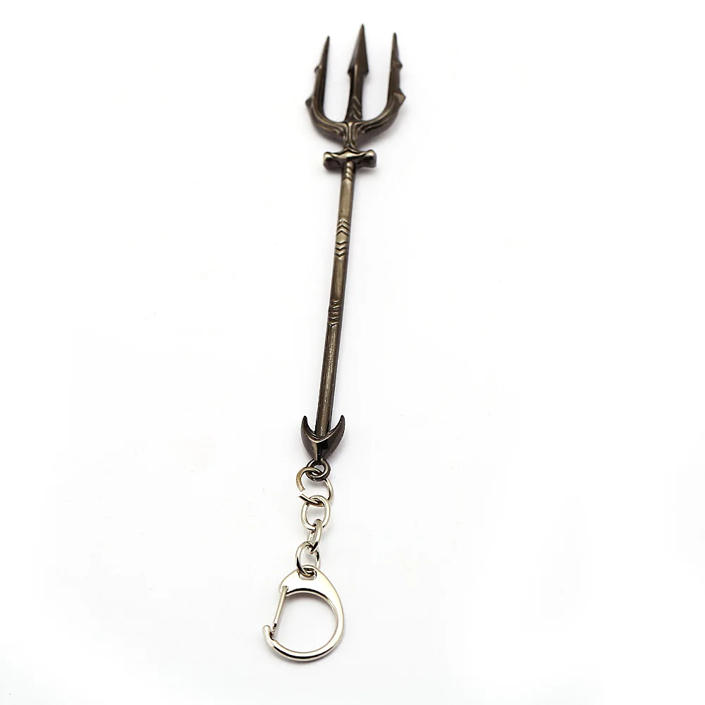 J tienda película de la Liga de la justicia Aquaman Trident llavero de plata llave de aleación de arma Sleutelhanger llave de coche hombres cadenas llaveros