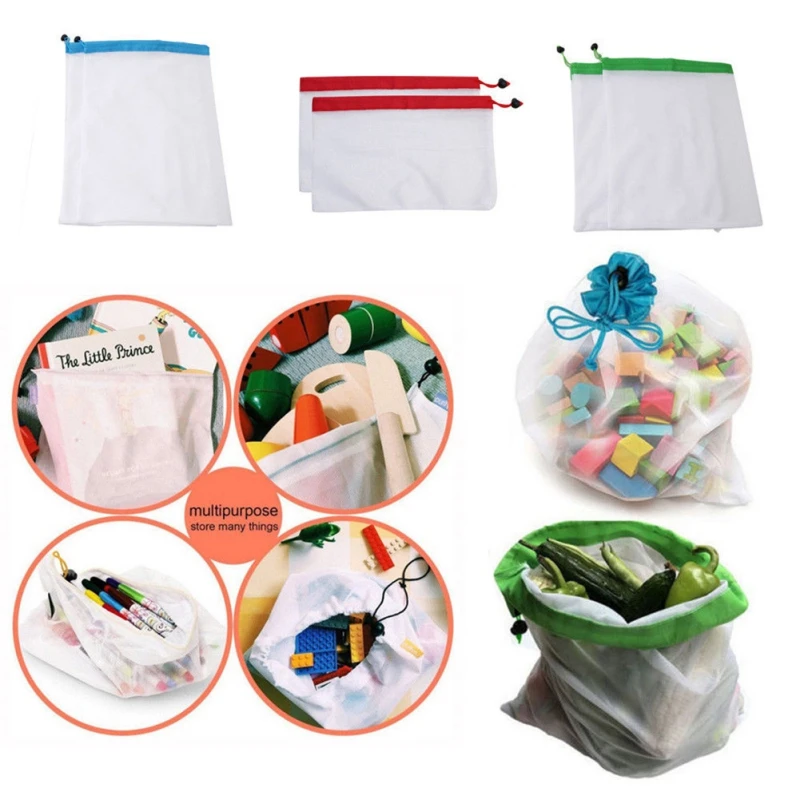 2pcs/lot Reusable Mesh Produce Bags Vegetable Fruit Toys Storage Nylon Pouch Rope Grocery Organizer Home Bag | Дом и сад