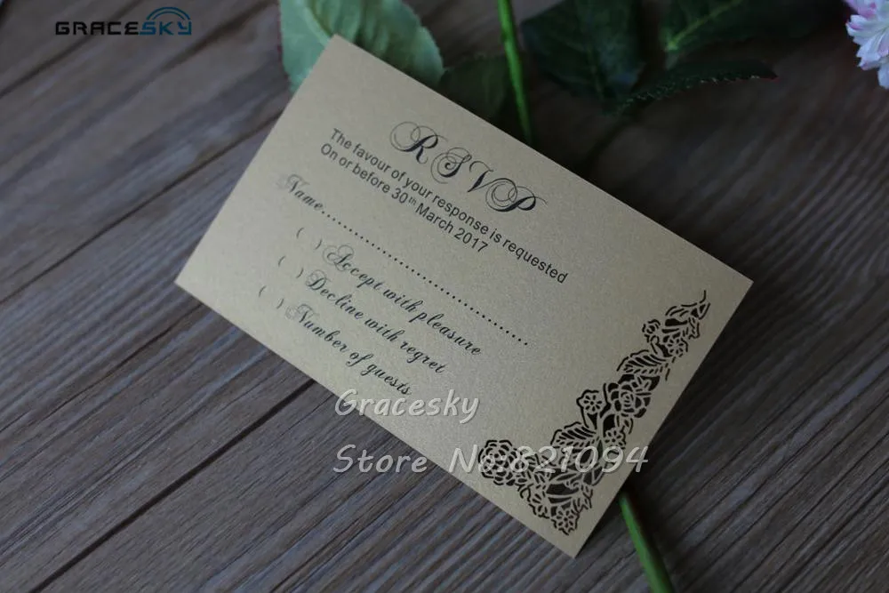 

50pcs Free Shipping 5x10cm Laser cut Wedding RSVP Card Personalized text cards greeting Invitation cards for Wedding / Party