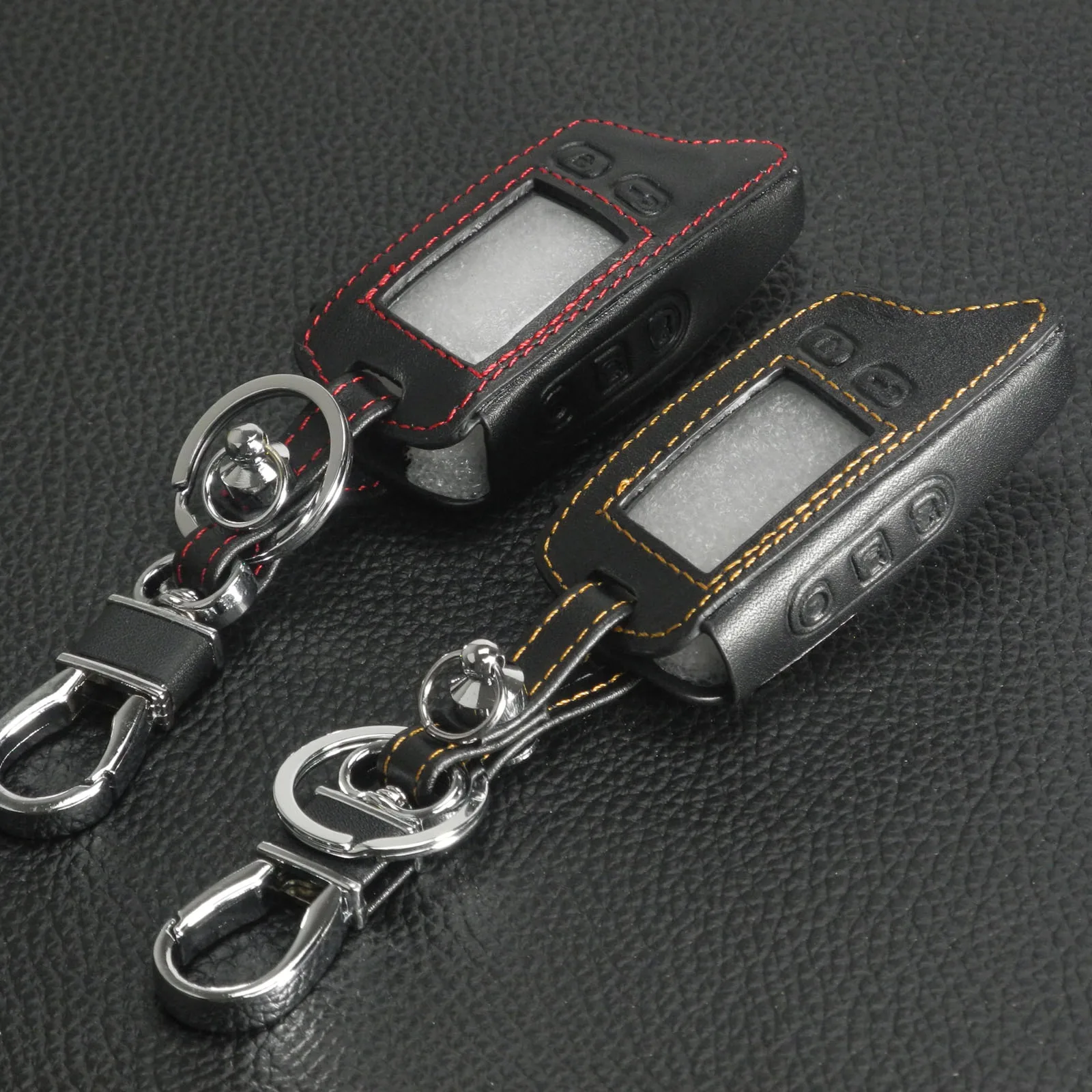

jingyuqin Leather Key Cover Case For Tomahawk TW9010 Two Way Alarm System LCD Remote Controller Car Alarm Keychain Bag Styling