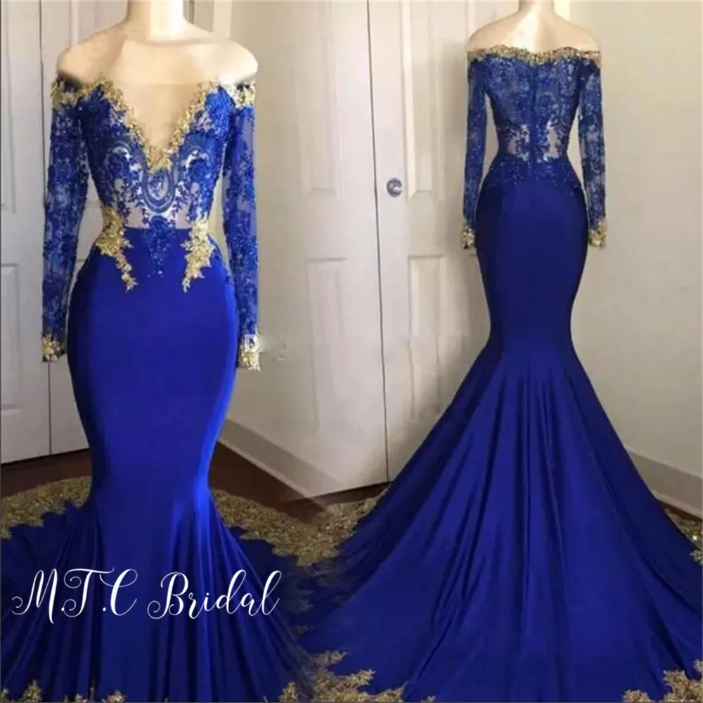 

Real Photos Royal Blue Long Sleeve Evening Dress Gorgeous Appliques Elastic Satin Boat Neck Mermaid Formal Dresses Custom Made
