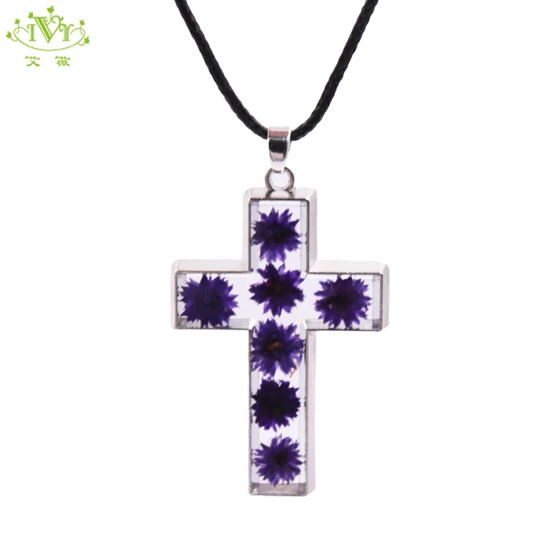 

Silver Plated Handmade Real Dry Pressed Flower Cross Bar Shape Pendant Necklace Women Girls Jewelry Western Cross Necklace