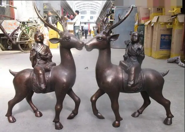 

33"China Feng Shui Bronze carved Lucky Wealth Boy ride Reindeer deer statue