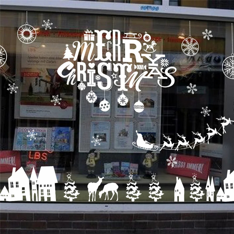 Cartoon Christmas Theme Wall Stickers For Store Office Home Decoration White Xmas Festival Wall ...