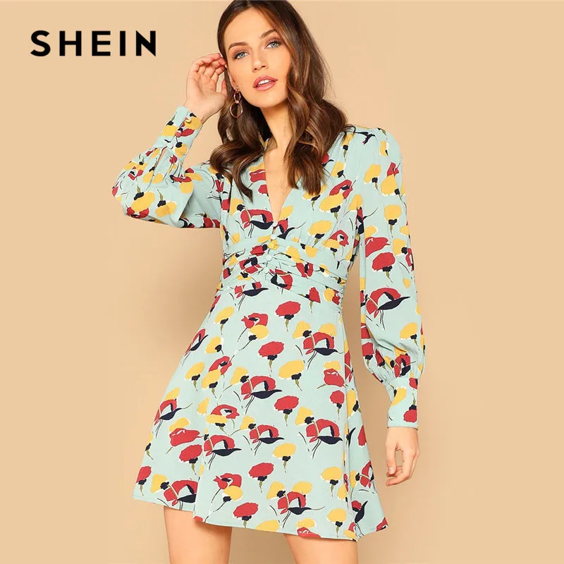 

SHEIN Button Front Deep V Neck Floral Print Mini Dress Beach Vacation Bishop Sleeve Dresses 2019 Women Sexy A Line Dress