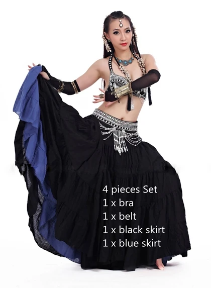 Представление Племенной танец живота одежда для женщин 4 шт. комплект одежды античные бронзовые Бусины бюстгальтер юбка с поясом цыганские танцевальные костюмы - Цвет: Silver bra belt skir