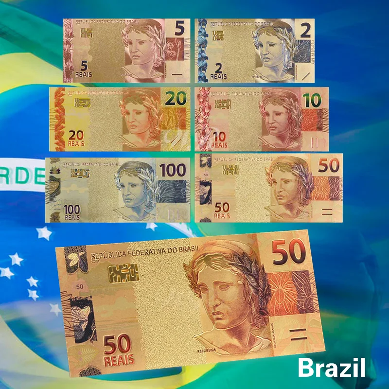 

6Pcs/Set Color Brazil Reais Set Colored 2 10 50 Reals Gold Banknote Collection