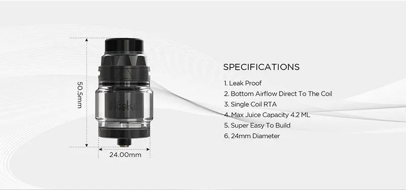 Augvape Впускной RTA атомайзер для электронных сигарет герметичный нижний поток воздуха прямой в катушку одна катушка 24 мм 4,2 мл Атомайзер