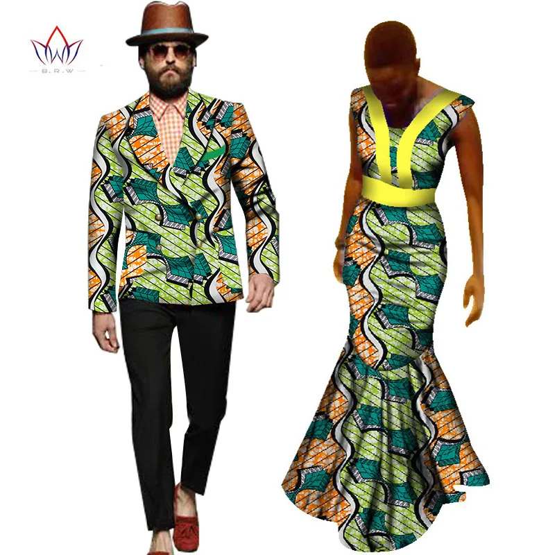 Африканская Русалка Базен Riche платья для пар африканская Дашики одежда для пары женское платье+ мужской блейзер комплект из 2 предметов WYQ60