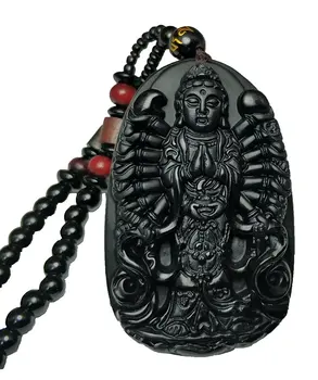 

Koraba Fine Jewelry Natural Obsidian 1000 Arm Hands Avalokitesvara Kwan-Yin Guan Yin Buddha Pendant Necklace Free Shipping