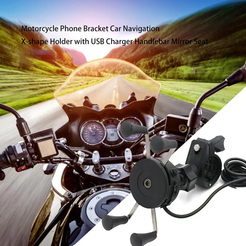 Multi-function Motorcycle Phone Bracket Car Navigation X-shape Phone Holder With USB Charger Handlebar Mirror Seat
