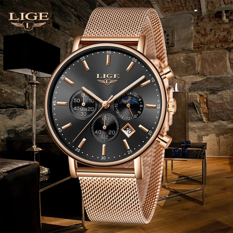 

Relogio LIGE New Top Brand Fashion Luxury Gold Mesh Band Creative WristWatch Casual Women Watch Quartz Clock Gift Gold Watch Men