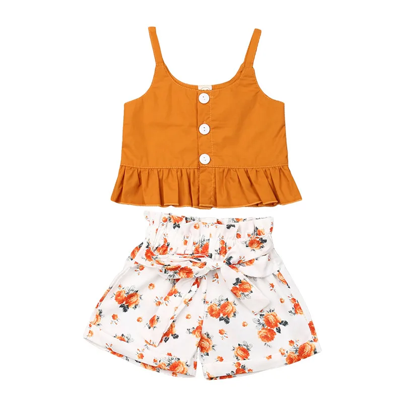 

Summer Baby Kids Girls Toddler Tank Top Vest Yellow+Floral Shorts Pants Outfits Clothes Set