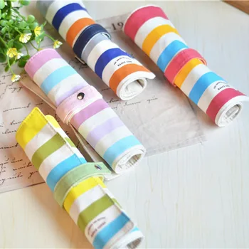 

1Pcs/set Fashion Cute Colorful Stripes Roll Pencil Bag Cute Canvas Large Capacity Stationery Creative For Woman School Supplies