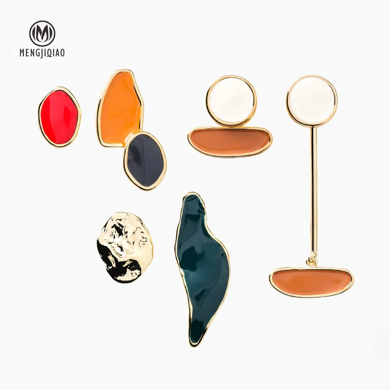 

MENGJIQIAO 2019 Korean New Vintage Colorful Asymmetry Geometric Long Drop Earrings For Women Drop Glaze Pendientes Jewelry Gifts