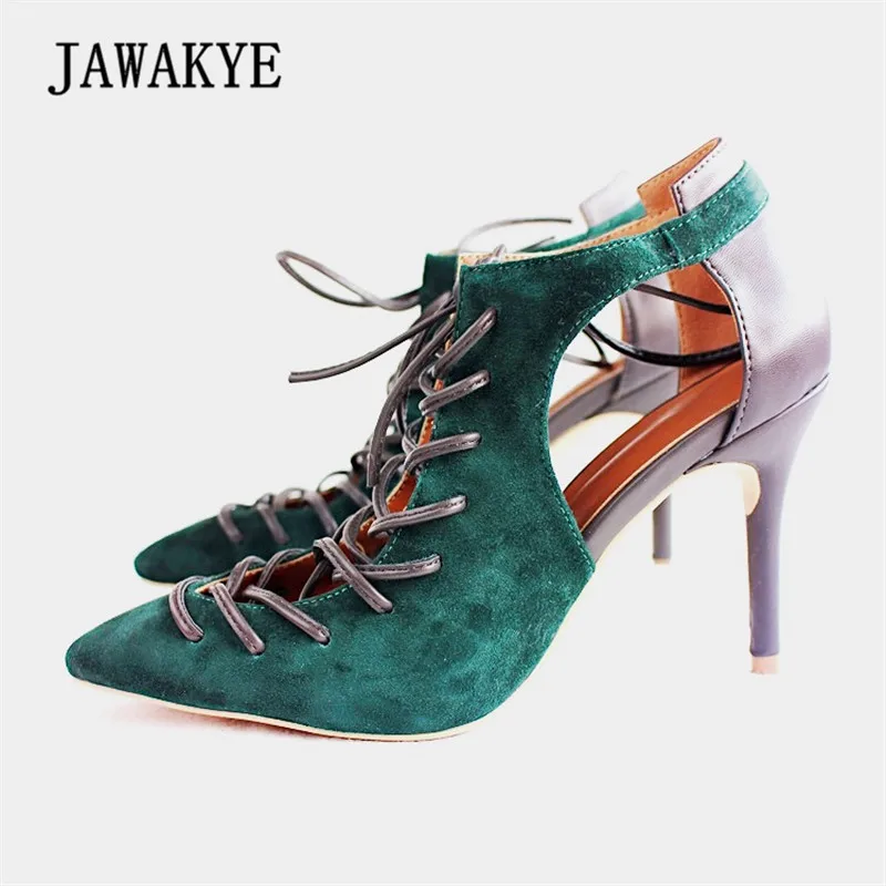 

2018 Spring Green Suede Patchwork Ankle Boots Woman Pointed Toe Cut Out Hollow High Heel Shoes