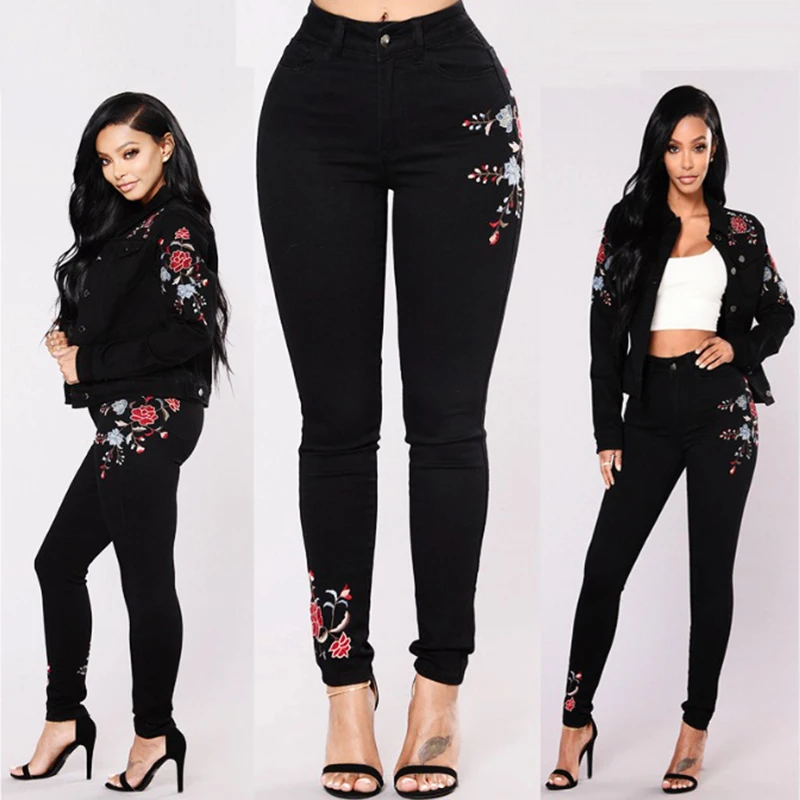 

2019 high street Jeans Women Basic Classic High Waist Skinny Pencil Denim Pants embroidery ripped hole Elastic Stretch Jeans
