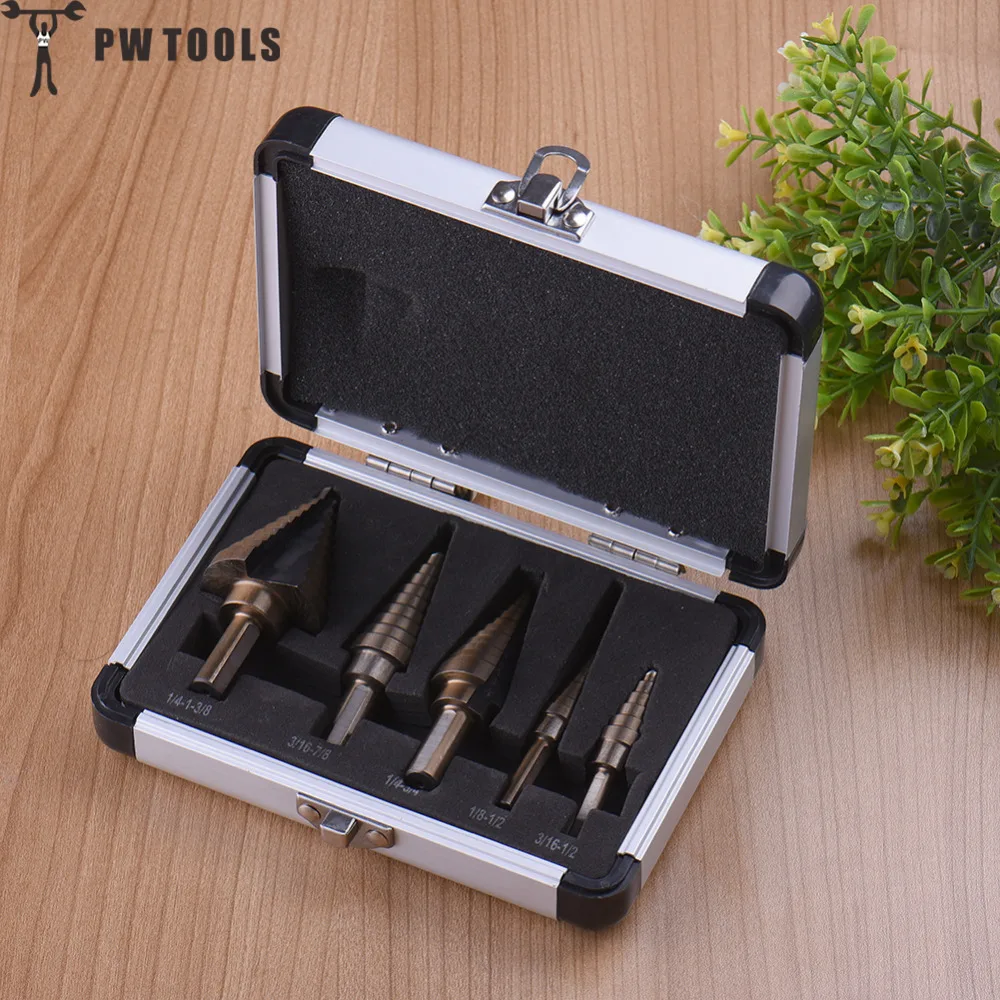 

PW TOOLS High Quality 5Pcs/Set HSS Cobalt Multiple Hole 50 Sizes Step Drill Bit Set Aluminum Case Brand New with Aluminum Box