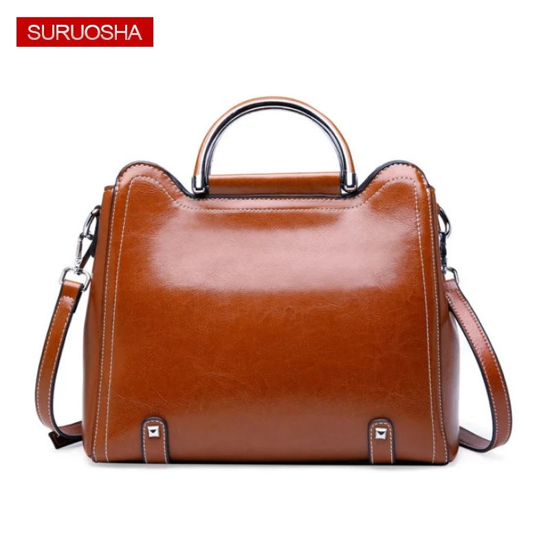 

SURUOSHA Genuine Cowhide Leather Women Shoulder Bags Vintage Casual Solid Cat Shape Handbags Oil Wax Leather Messenger Bags