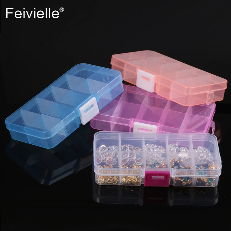 

Feivielle New 1 Pcs 10 Grids Nail Art Box Empty Divided Case Nail Tips Rhinestone Beads Gems Storage Box Case Clear Plastic