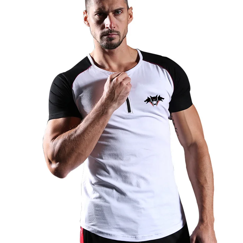 

New short sleeve men zipper half front casual running training slim T-shirt Fashion Gyms Fitness Bodybuilding T shirt Male Slim