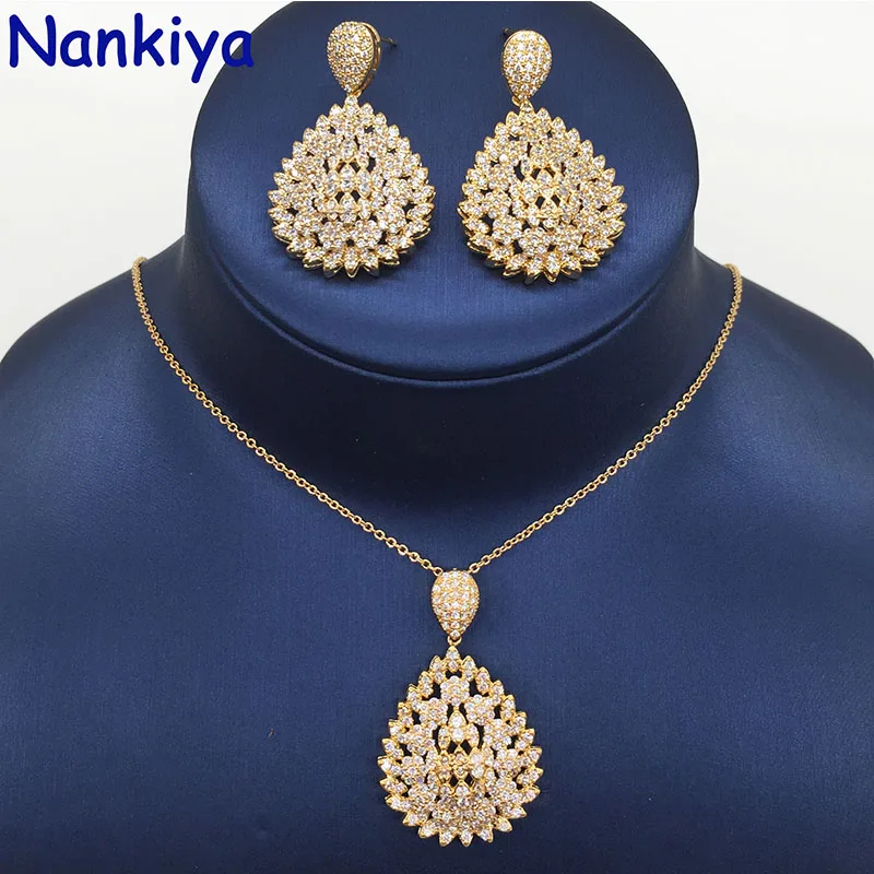 Nankiya Brilliant New Zirconia Pendant Earring Set Big Water Drop Shape Classic 2PCS Women Jewelry Set Factory Price NC681 - Metal color: yellow gold