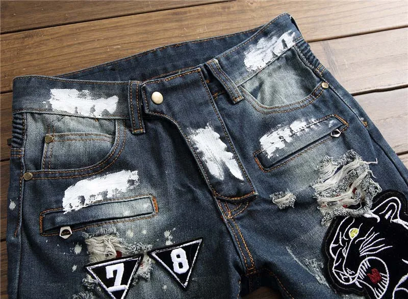 Mcikkny Men's Tiger Embroidery Ripped Jeans Trousers Badge Patchwork Denim Trousers Nightclub Streetwear Jeans Pants For Male 
