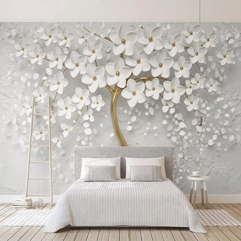 Custom 3D Photo Wallpaper para Home Decor, Murais de papel de parede, flores brancas, árvore, sala, sofá, TV, quarto, plano de fundo, pintura de parede, fresco