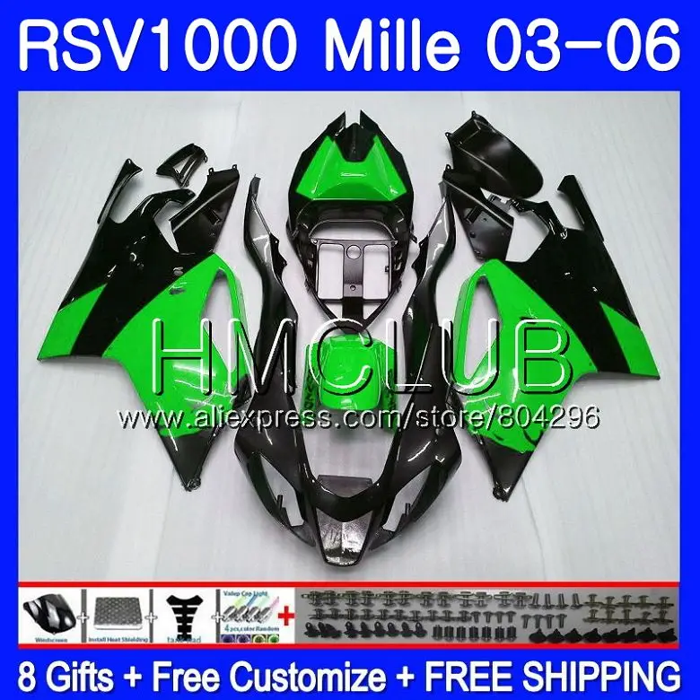 

Bodys For Aprilia RSV1000 R RR 03 04 05 06 RSV1000R Mille 123HM22 RSV1000R RSV1000RR 2003 2004 2005 2006 Green black Fairings